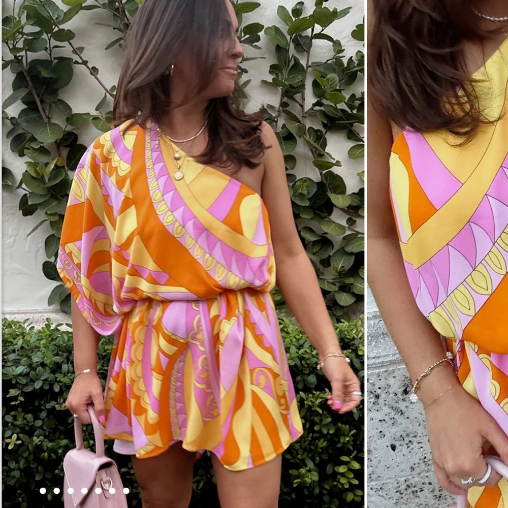 NWT Show Me Your Mumu Trish Dress - Vibrant Orange and Pink One-Shoulder Dress